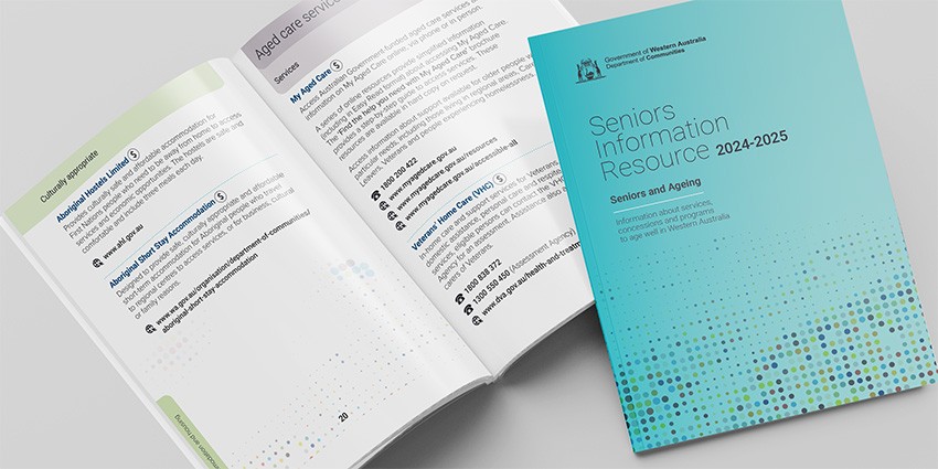 Photo of the front cover and open pages of the Seniors Information Resource booklet