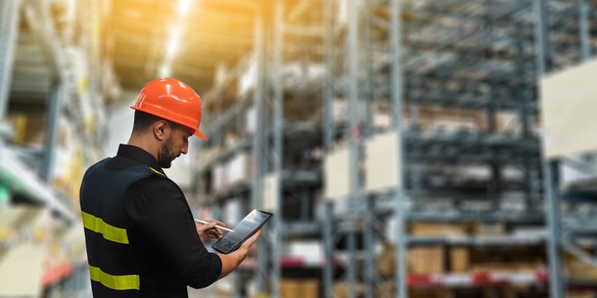 Man in hard hat in warehouse