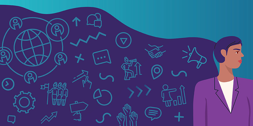 colourful graphical artwork of a woman and numerous 'resources' symbols