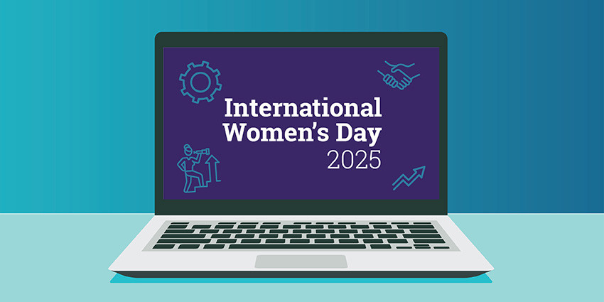 Graphical image of a laptop computer with the words International Women's Day 2025