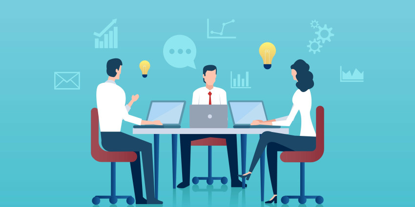 Graphic icon showing people sitting around a table having a business meeting