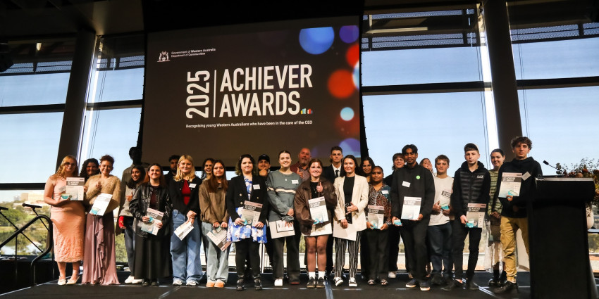 Image of a large group of young people on stage at the 2025 WA Achiever Awards ceremony