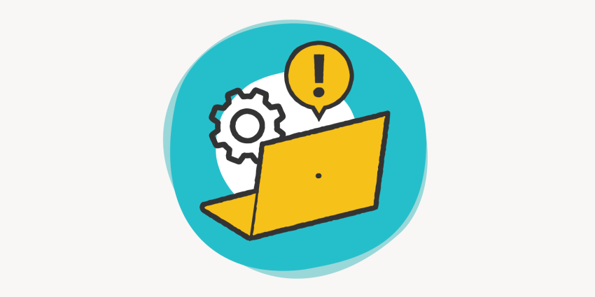 Colourful icon featuring a laptop computer and an exclamation mark