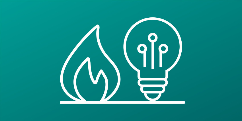White gas flame and bulb icons on a teal background