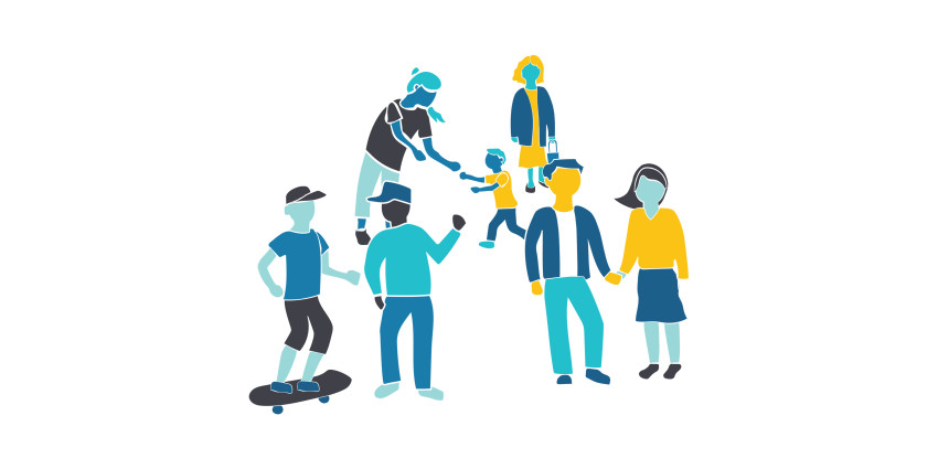 An image of a colourful icon featuring a a group of people doing various activities