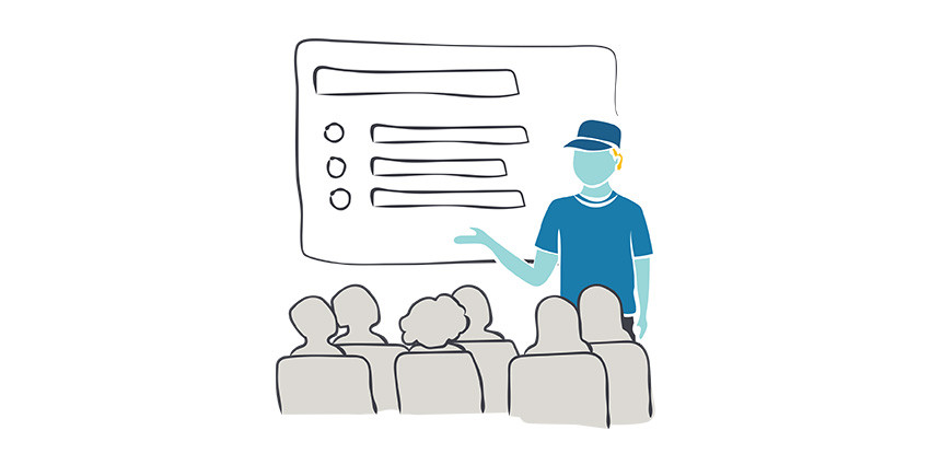 An image of a colourful icon featuring a man with a cap explaining information to an audience of people