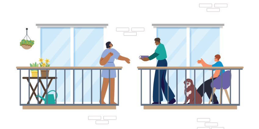graphic image of people on balconies saying hello to each other