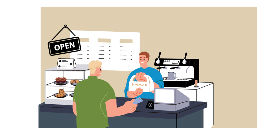 Graphic of a shop owner serving a customer at a shop counter