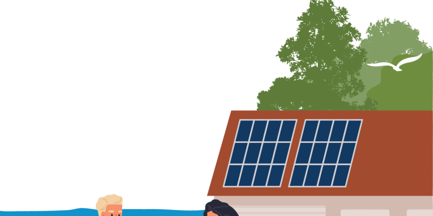 Graphic of a male and female standing outside a house with solar panels