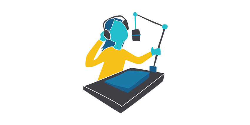 colourful graphic of someone wearing headphones and speaking into a recording device