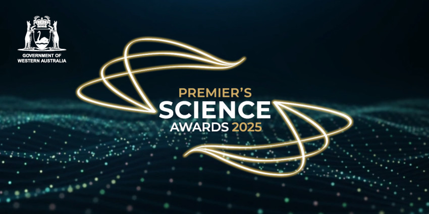 teal wave background with text reading "Premier's science awards"
