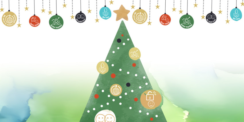 A watercolour picture of a Christmas tree with baubles and lights