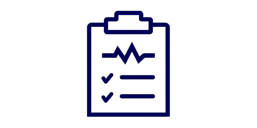 Blue clipboard with pulse line and check marks.