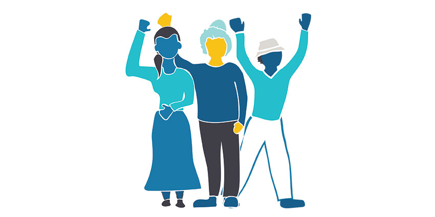 colourful illustration of three adult people with their hands raised in the air