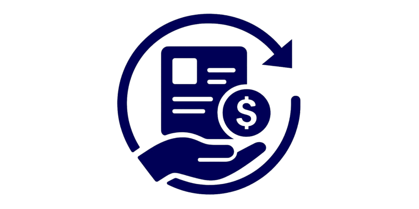 a circle arrow, with hand a $ and a document.