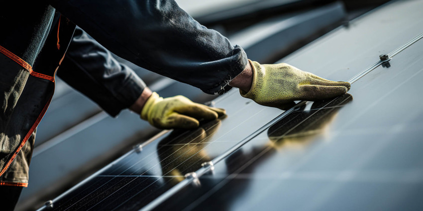 Installer touching solar panels
