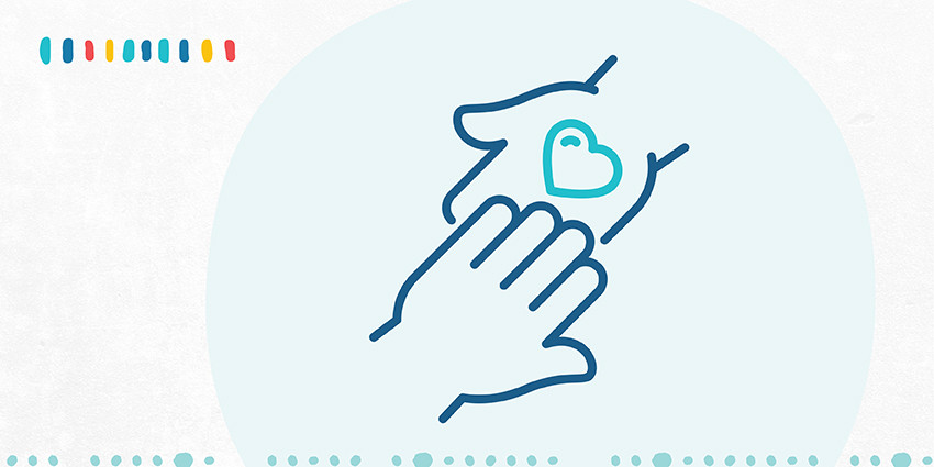 A colourful graphic, mainly light blue in colour, featuring an icon of two hands touching