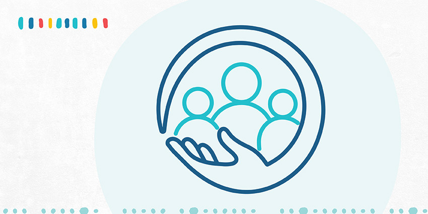 A colourful graphic, mainly light blue in colour, featuring an icon of a hand holding three people