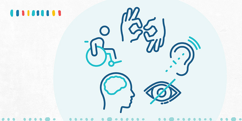 A colourful graphic, mainly light blue in colour, featuring multiple disability icons