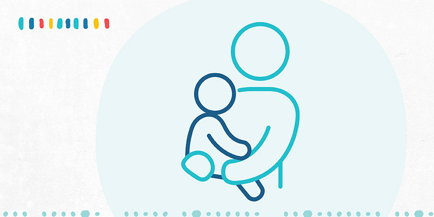 A colourful graphic, mainly light blue in colour, featuring an icon of person holding a child