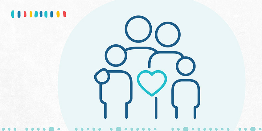 A colourful graphic, mainly light blue in colour, featuring an icon of loving family