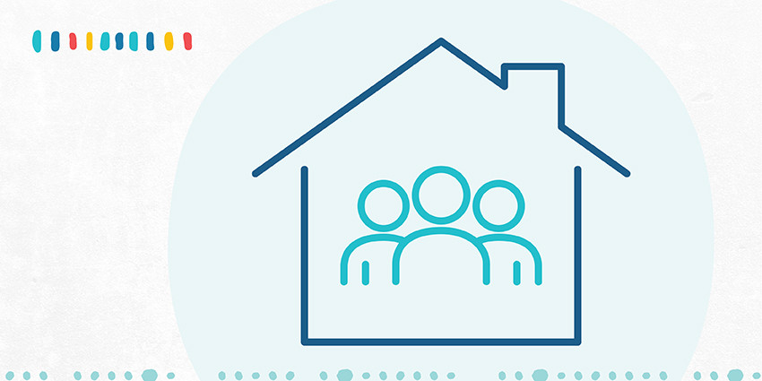 A colourful graphic, mainly light blue in colour, featuring an icon of a house with people inside