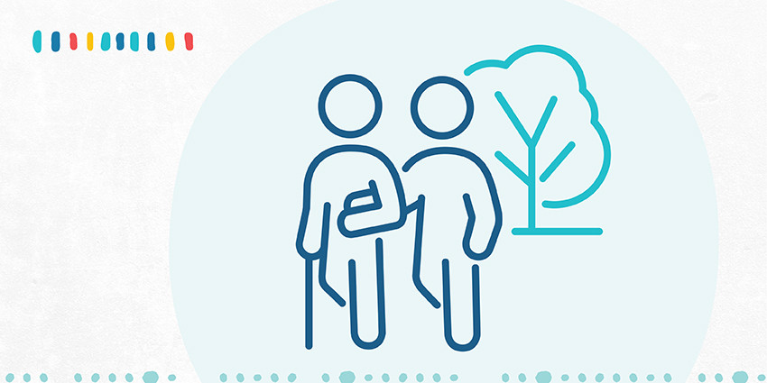 A colourful graphic, mainly light blue in colour, featuring an icon of two older people walking