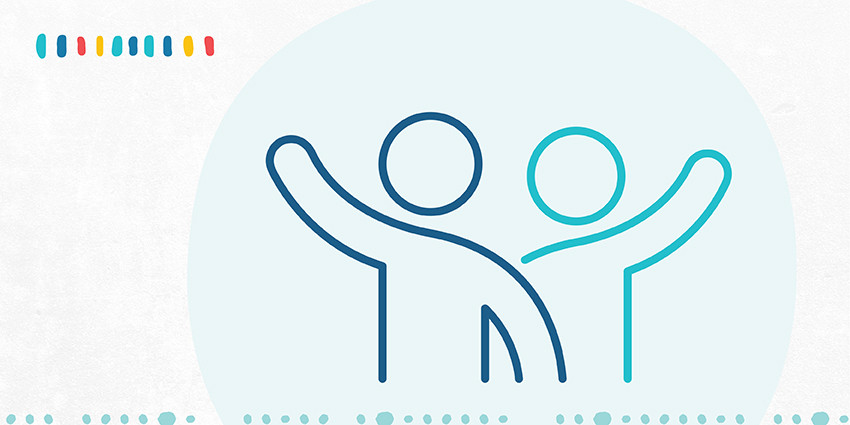 A colourful graphic, mainly light blue in colour, featuring an icon of two people holding their hands in the air