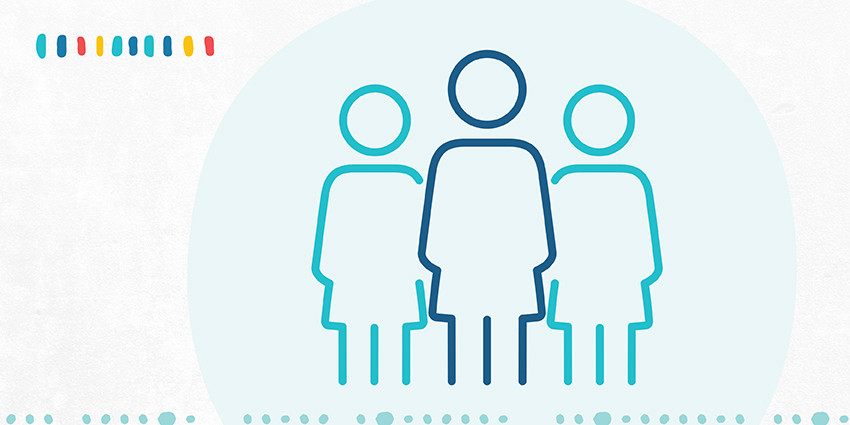 A colourful graphic, mainly light blue in colour, featuring an icon of three women