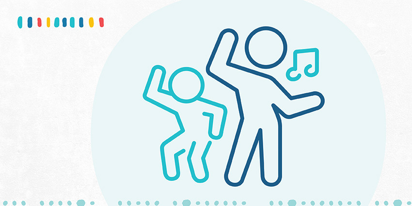 A colourful graphic, mainly light blue in colour, featuring an icon of two young people dancing