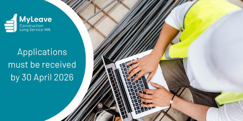 Construction worker on laptop. Applications must be received by 30 April 2026.