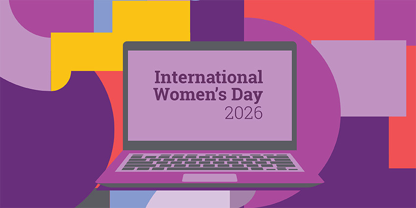 Colourful graphic, with purple being the dominate colour. Graphical representation of a laptop with the words on screen IWD 2026