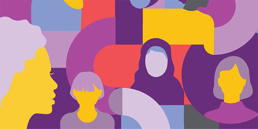 Colourful graphic, with purple being the dominate colour. Graphical representation of people engaged