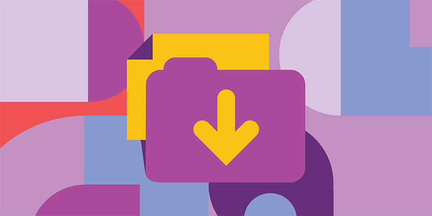 Colourful graphic, with purple being the dominate colour. Graphical representation of a download button