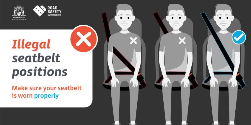 Text:Illegal seatbelt positions. Make sure your seatbelt is worn properly. Images: Two examples of incorrect seatbelt use and one correct example.