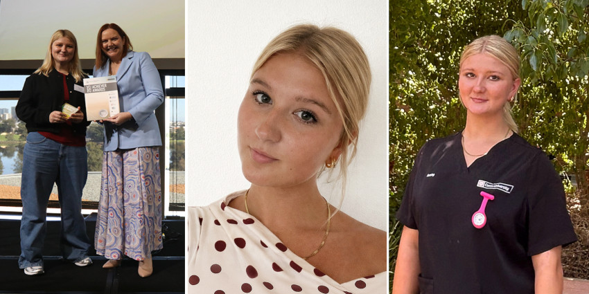 a collage of three photographs, featuring a young woman in two of the photographs, and her and a WA Government minister (presenting her with an award) in the other photograph