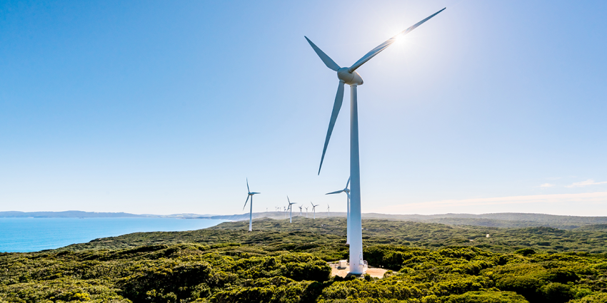 Wind turbines standing on a green, coastal landscape under a clear blue sky, with sunlight shining behind one of the turbines.
