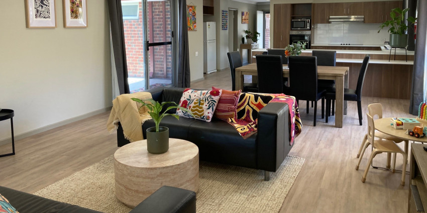 a dining and lounge area of the Bindi Bindi Mia Refuge accommodation unit