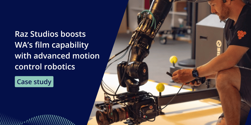 Graphic with an image of a camera technician from Raz Studios working with a robotic camera