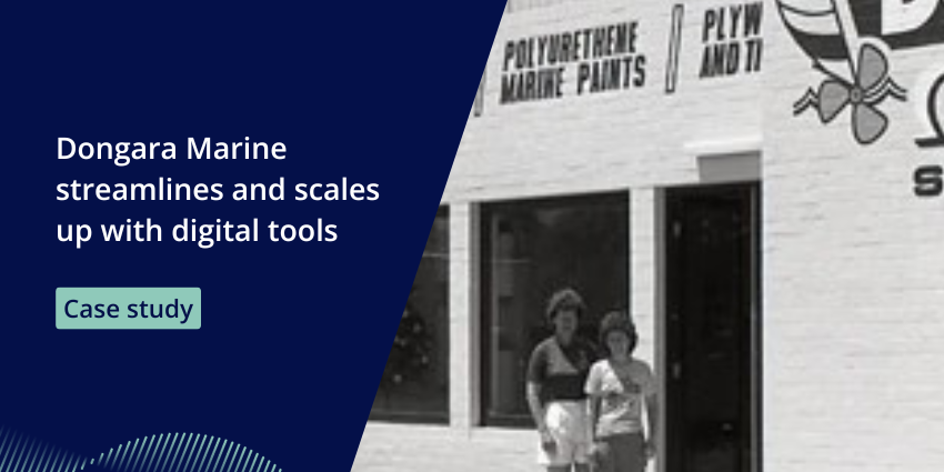 Graphic with a retro image of Dongara Marine and text to explain that this is case study on how they have streamlined and scaled up with digital tools