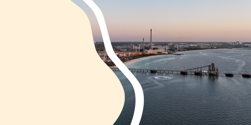 wa coastline with a bridge in it. Covering half of the image is a pale yellow solid wave area