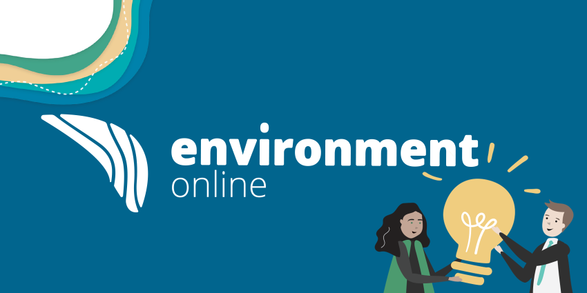 Illustration of two people holding a glowing lightbulb beside the text “environment online” on a teal background, symbolising ideas and digital environmental learning.