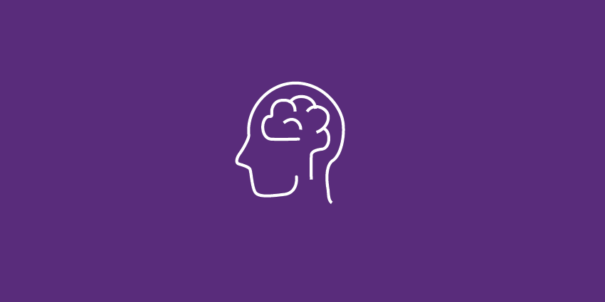 Purple background with an outline of a person's head and brain