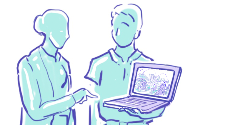 Illustration of two people looking at a laptop screen