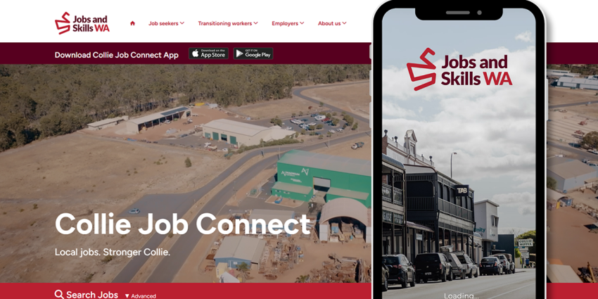 Webpage with the Jobs and Skills WA logo, promoting Collie Job Connect, with an aerial view of Collie and a phone mock-up showing the app loading screen.