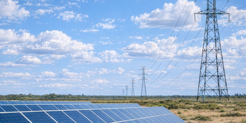 Solar panels and power lines in regional area