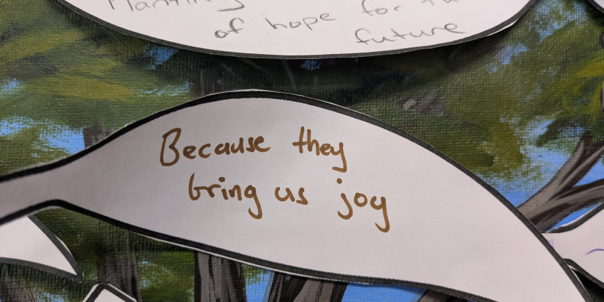Close-up of paper leaf cut-outs attached to a tree display board. One leaf reads, "Because they bring us joy," and another says, "Plant