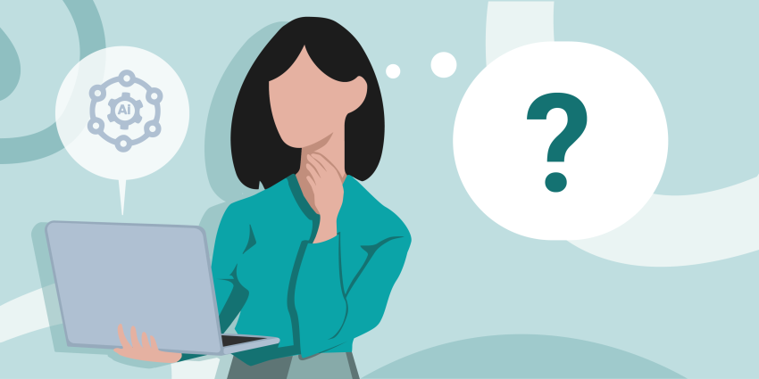 lady holding a laptop and a thought bubble with a question mark in it is coming from her head