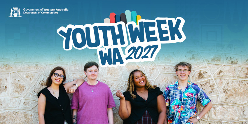 colourful graphic featuring four teenagers and the words "Youth Week WA 2027"