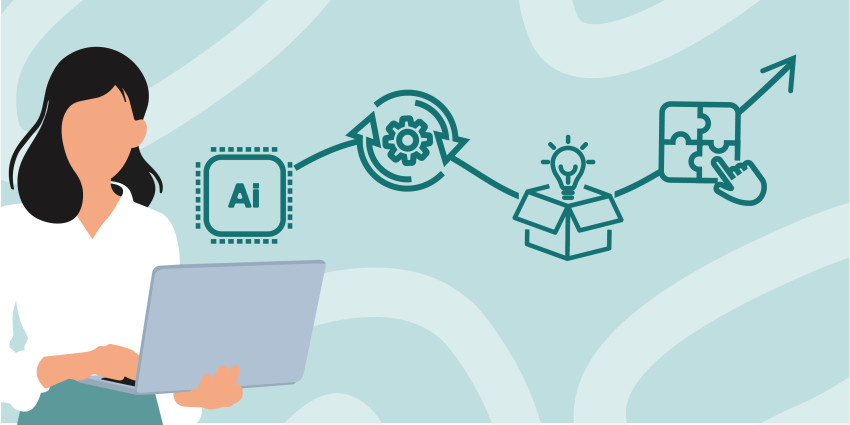 a line coming out of a laptop with icons related to innovation and AI